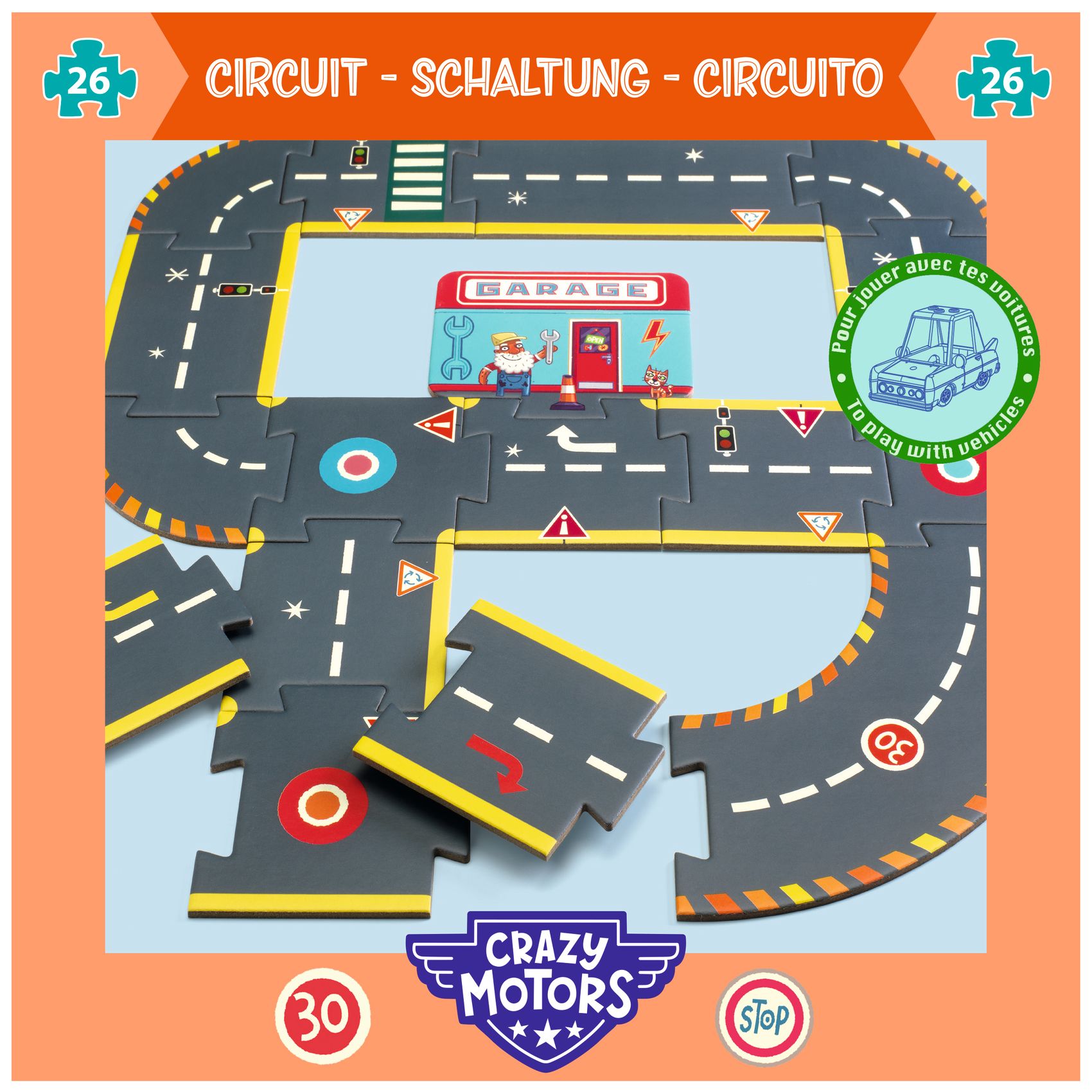 CRAZY MOTORS autópálya - Városi kőrút - City circuit - Giant puzzle - 26 pcs - 7