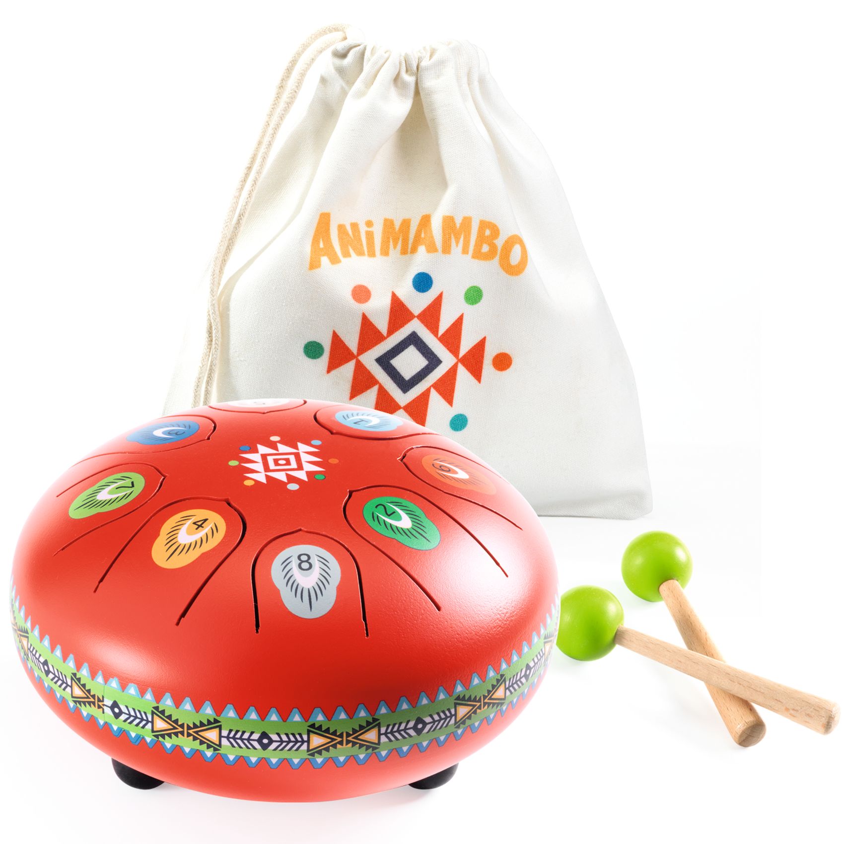 Játékhangszer - Rezgőnyelves acél dob, 8 hangú, piros - Red Metal Tongue Drum - 1